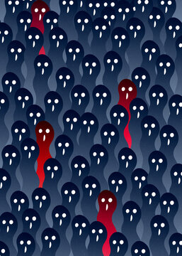 Dense crowd of floating blue ghosts with red anomalies