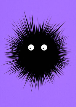 Cute black spiky monster with googly eyes on purple background