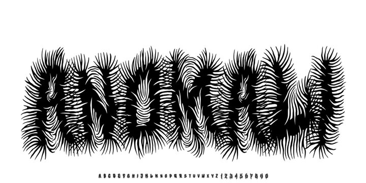 Dark Lettering tattoo vector type font in bloody style. Grunge type font with Gothic Punk Rock elements. Scary music font concept. Horror style lettering .Vector illustration