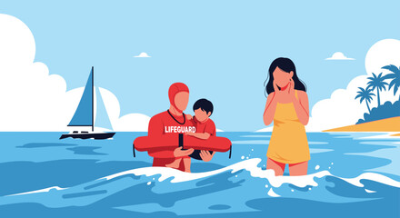 Obraz premium Brave lifeguard rescues a young child from the ocean waves while an anxious mother watches from the shore at the tropical beach at noon.