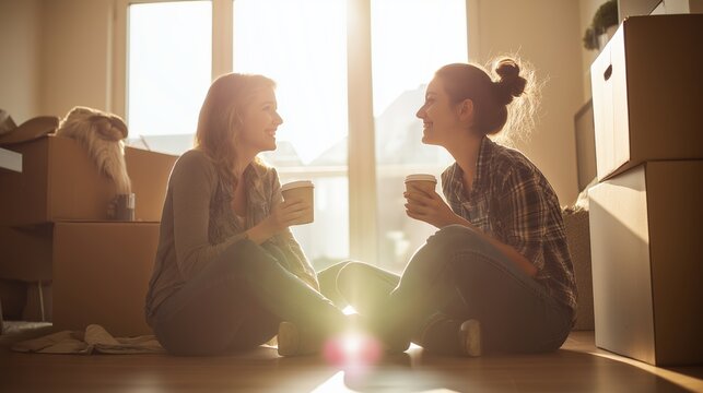 Two women sitting on floor drinking coffee, celebrating new home with moving boxes, happiness and friendship