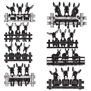 Sweet donkey group on ranch fence line silhouette vector pack suitable for farmhouse wall art, stencils, and custom embroidery patterns