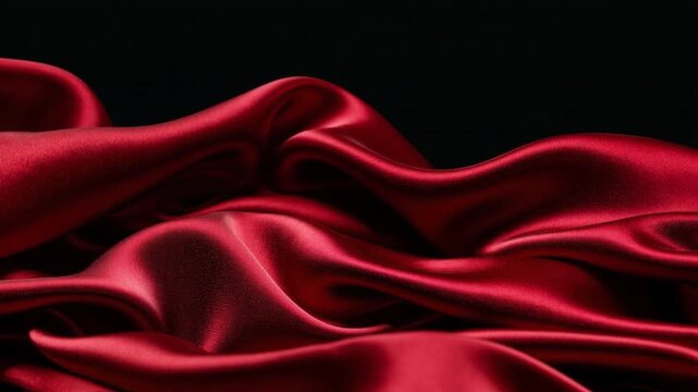 Luxurious smooth red satin fabric with elegant flowing folds and shiny texture on black background for glamorous and sophisticated textile design concept