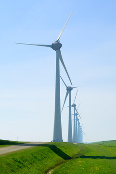 Row of wind turbines in Noordoostpolder the Netherlands