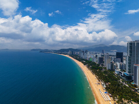 Aerial view Nha Trang Vietnam coastal skyline with skyscrapers at with vibrant colors and urban beach scape
