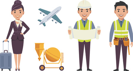 Fototapeta premium Professional Aviation and Construction Industry Character Set with Flight Attendant, Civil Engineer Holding Blueprint, and Builder Architect Vector Illustration