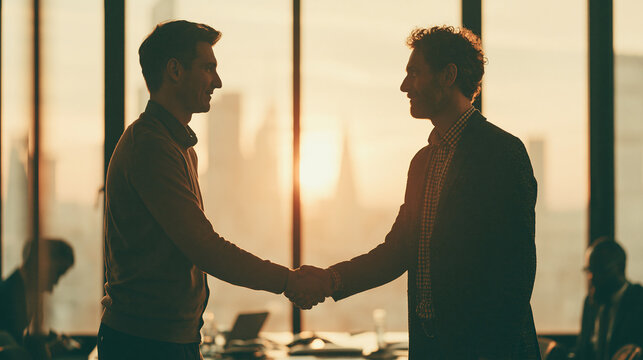 Two men shaking hands to seal a deal in a conference room at the office