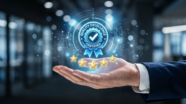 Customer Satisfaction and Quality Assurance: A hand elegantly presents a digital badge of quality assurance, complemented by five shining stars, symbolizing excellent customer satisfaction.
