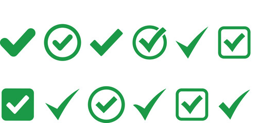 Vector illustration set of green check marks, tick marks, and checkboxes indicating approval, validation, correct answers, or successful completion. © Sahabib