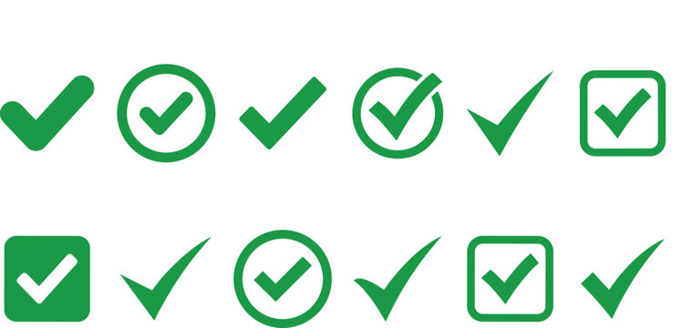 Vector illustration set of green check marks, tick marks, and checkboxes indicating approval, validation, correct answers, or successful completion.