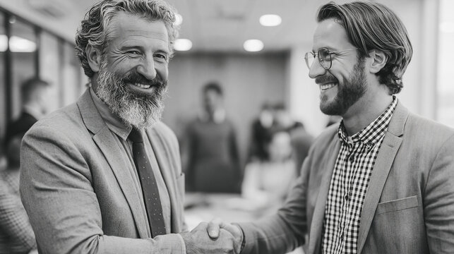 Two men shaking hands to seal a deal in a conference room at the office