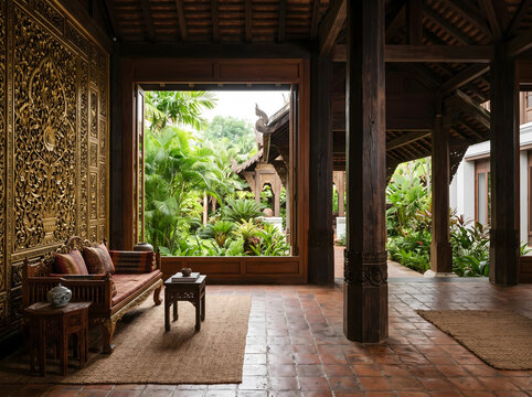 Northern Thai Luxury Heritage Resort Interior Overcast with Gilded Wood Panel and Dark Teak Columns