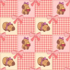Kawaii Capybara Seamless Patchwork Pattern with Pink Bows © pitchayaphak