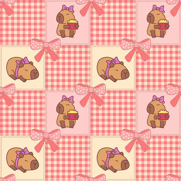 Kawaii Capybara Seamless Patchwork Pattern with Pink Bows