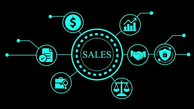 Sales concept with business icons and network connections on black background