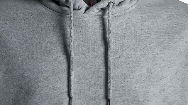 Gray hoodie with drawstring close up.