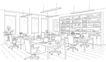 Fototapeta premium Work Room Interior Outline Perspective Vector Illustration
