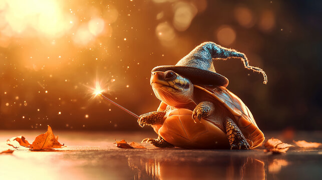 A turtle dressed as a wizard, complete with a hat and wand, creating magic in a sparkling, autumnal setting