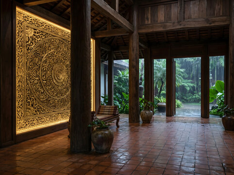 Northern Thai Heritage Resort Interior During Light Rain with Dramatic Wet Terracotta Floor