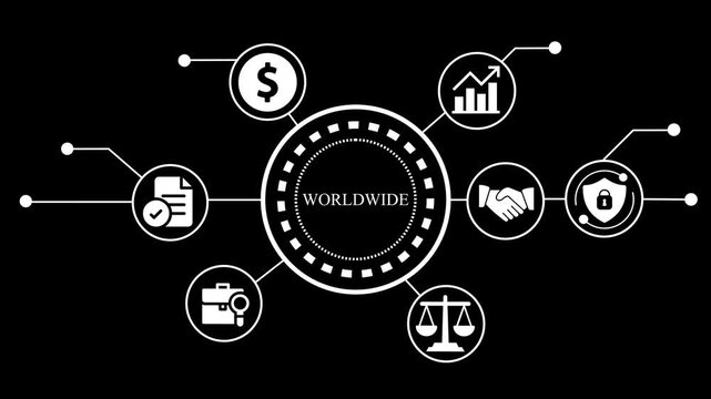 Global business network concept with icons of finance, growth, partnership, security, legal, and document management