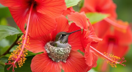Fototapeta premium Tiny Hummingbird Nesting Inside a Vibrant Red Hibiscus Flower in a Tropical Garden Setting