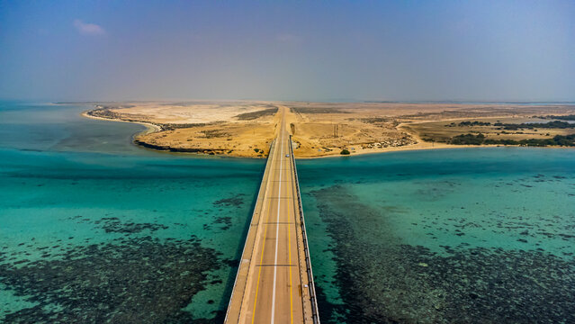 Saudi Arabia, Jazan Province, Aerial view of bridge linking two islands in Farasan Islands archipelago