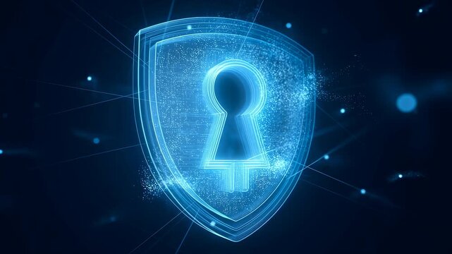 Digital shield with a keyhole symbolizing cybersecurity and data protection. Represents the importance of safeguarding information in the digital age