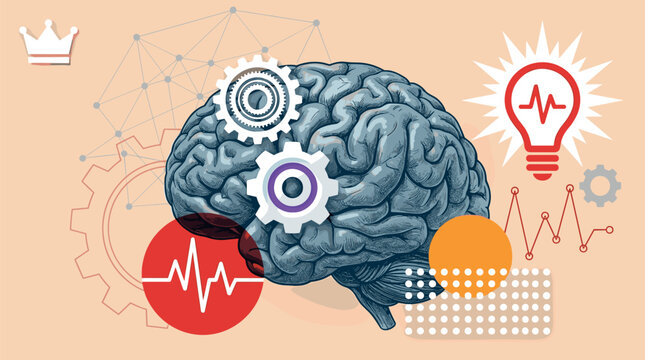 Vector conceptual illustration of a human brain with mechanical gears, a glowing pulse lightbulb, data graphs, and heartbeat waves for mental processing.