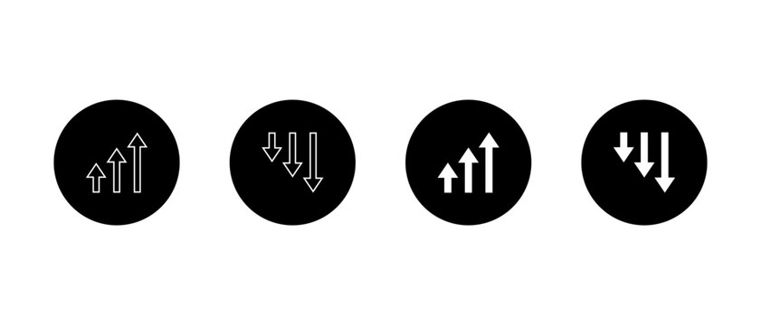 Business trend arrow icon in black circle. Upward and downward arrows symbol