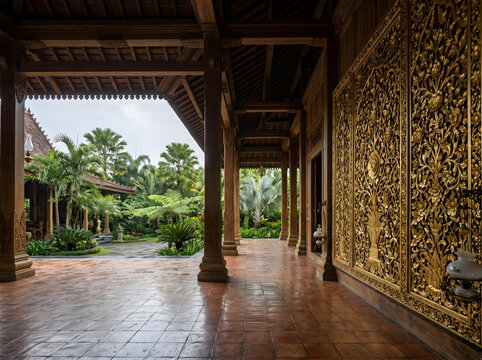 Northern Thai Heritage Resort Interior Overcast with Gilded Panel and Open Upper Left Copy Space