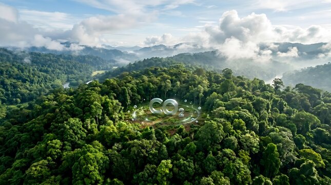 Aerial view of lush green rainforest with CO2 symbol