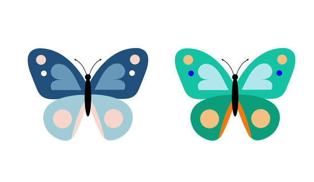 Cute cartoon butterfly vector set, blue and green flying insects clipart, isolated PNG