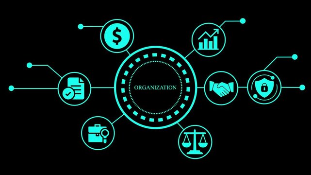 Business organization structure concept with icons representing finance, growth, management, and security