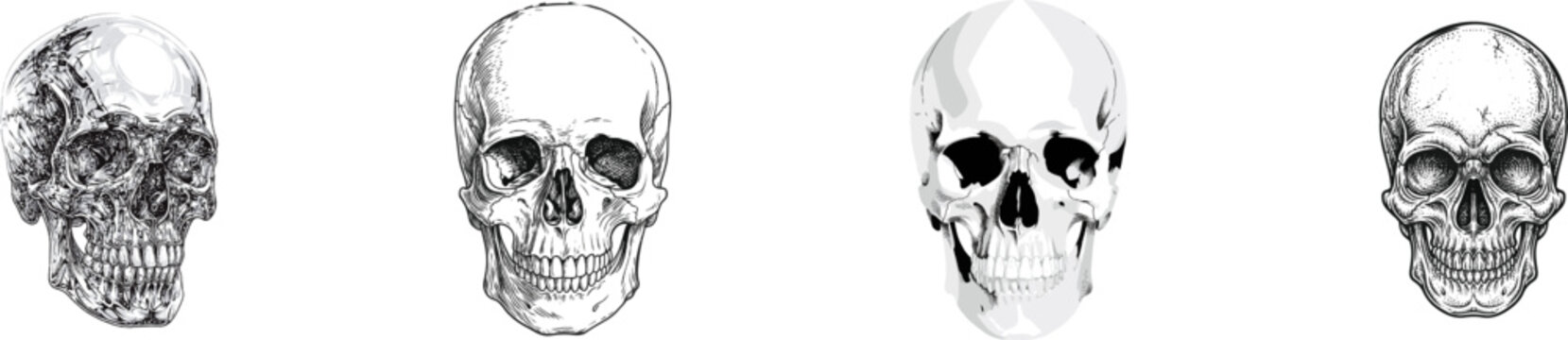 A meticulously detailed anatomical human skull front view in a vintage scientific stippling style, rendered with high-contrast black fills and sharp boundaries on a pure white background, optimized