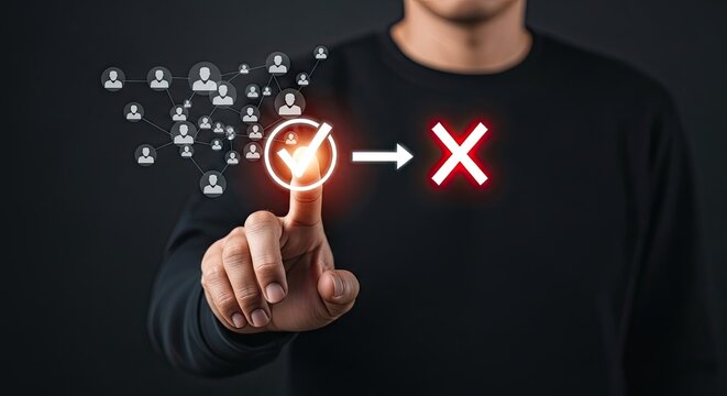 Man's finger touching glowing checkmark symbol beside icon against dark background during digital selection