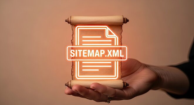 Scroll with glowing sitemap xml icon held in hand during warm diffused lighting conceptualizing web development