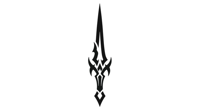 Minimalist black tribal blade symbol with sharp angular edges and fantasy dagger silhouette isolated on white background for tattoo design, logo icon, or graphic element.