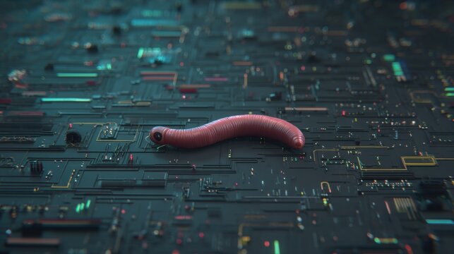 Worm moves across digital surface during a simulation in a tech environment