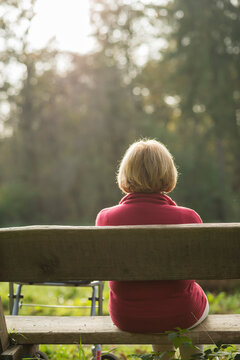 Senior woman sitting on a park bench, back view