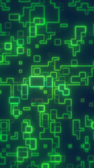 Obraz premium Green glowing circuit-style geometric pattern with neon squares and lines, representing technology, coding, and digital systems.
