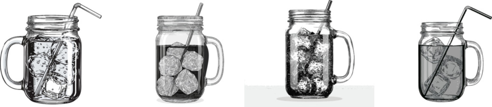 A detailed black-and-white monochrome illustration of a clear glass mason jar mug filled with ice cubes, bubbles, and a straw, isolated on a solid white background