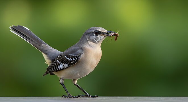 Northern mockingbird with insect in beak during daytime natural light with soft bokeh