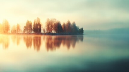 Fototapeta premium Sunrise over calm lake with trees reflected on water surface