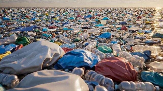 Ocean garbage floating with waves during sunset cinematic aerial view