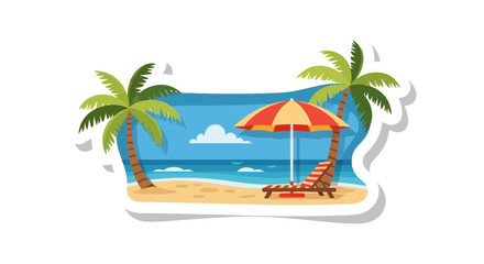 Obraz premium Tropical beach sticker with palm trees and sun umbrella