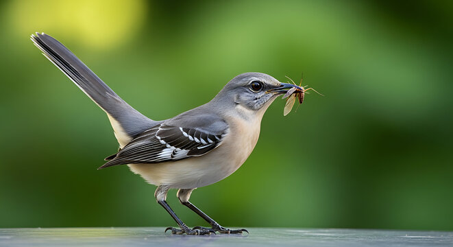 Northern Mockingbird with insect in beak during daytime with soft bokeh light