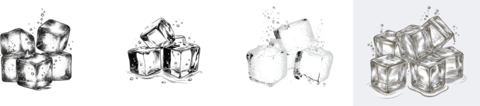 A high-contrast black and white vector illustration of melting ice cubes with tiny water droplets, rendered using classic etching techniques on a pure white background
