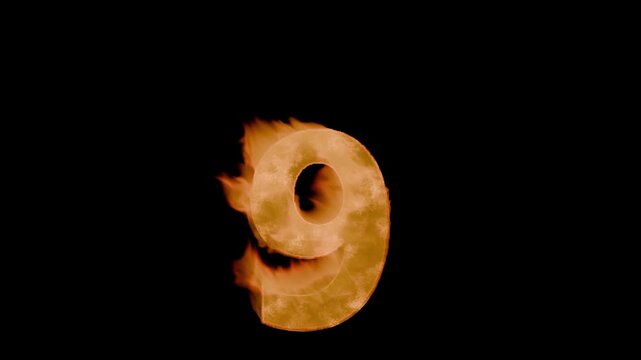 Burning digit nine 9 : charred, grainy crust with cracks and tongues of flame. Hot digit nine, tongues of flame emanate from the burning nine. Element for your motion design to overlay screen.