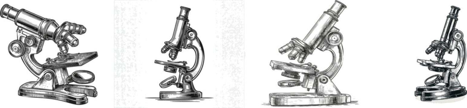 A high school laboratory microscope rendered in a classic etching style with adjustable knobs, stage clips, and detailed silhouettes against a pure white background