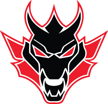 Fierce black and red devil beast mascot head roaring with glowing eyes and sharp horns, great for team branding